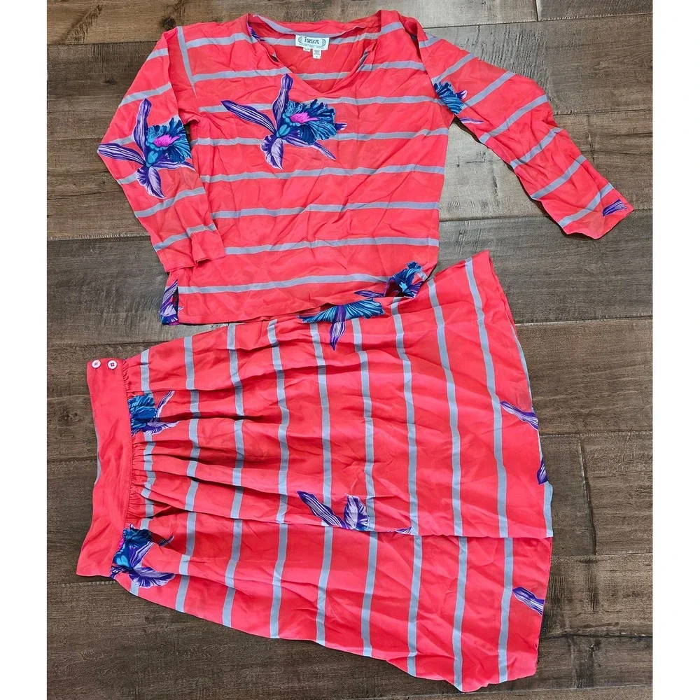 RARE VTG Irka 100% Silk 2 Piece Skirt‎ Set Coral Pink Blue Orchid Floral Stripe